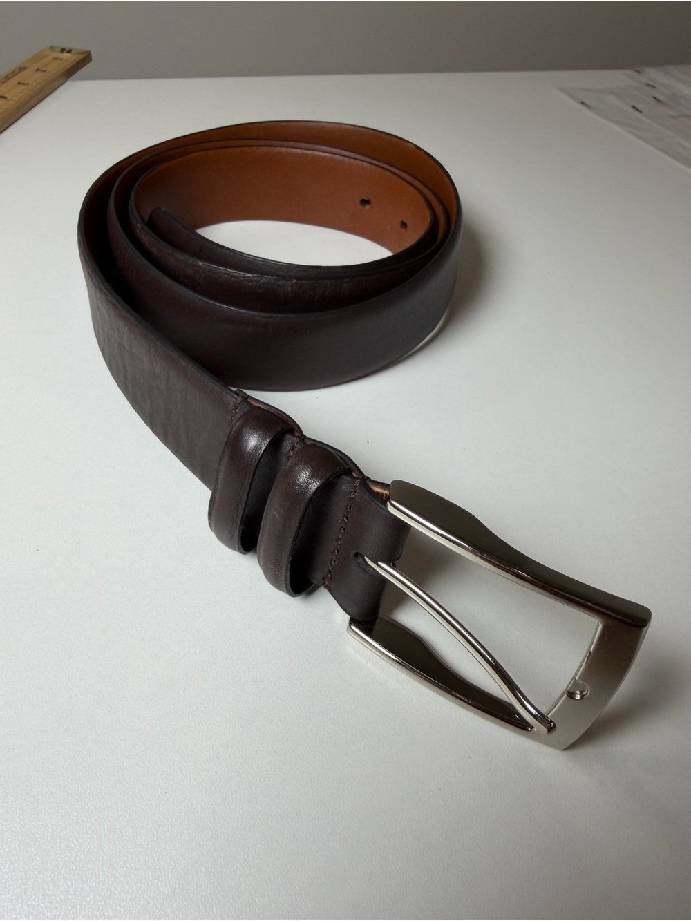 Jos. A. Bank 44W Genuine Brown Leather Belt with Silver Buckle Made in Italy